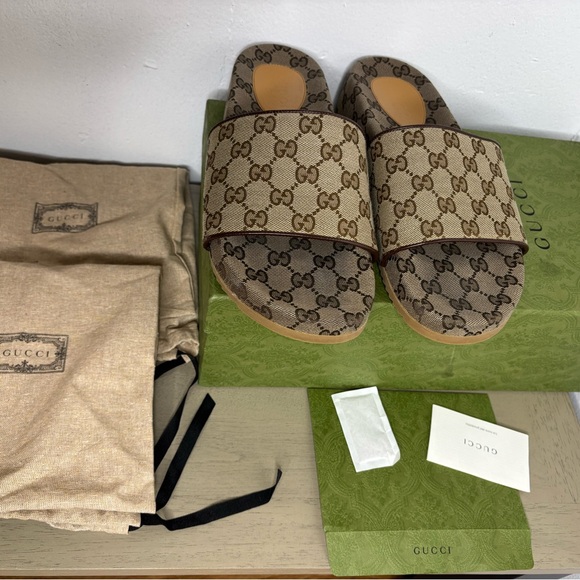 Gucci Beige and Brown Monogram Slides - Picture 3 of 12